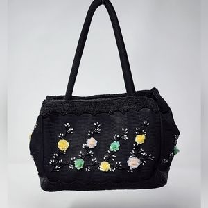 Jpa- Nima‎ Vintage Black Beaded Sequin Floral Handbag Made In Vietnam